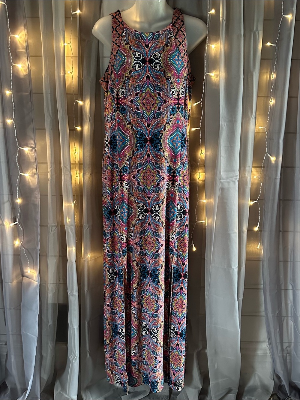 London Times Maxi Dress Double Slit Floral Paisley PrintJersey Sleeveless Sz 14